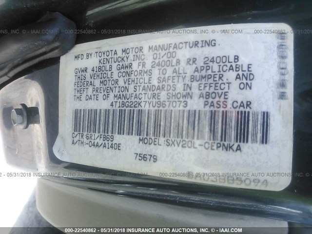 4T1BG22K7YU967073 - 2000 TOYOTA CAMRY CE/LE/XLE GREEN photo 9