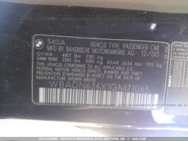 WBADN634X1GM71065 - 2001 BMW 540 I AUTOMATIC أسود صورة 9