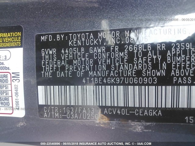 4T1BE46K97U060903 - 2007 TOYOTA CAMRY NEW GENERAT CE/LE/XLE/SE GRAY photo 9