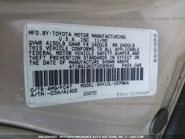4T1BG12K0TU690642 - 1996 TOYOTA CAMRY DX/LE/XLE ოქროსფერი ფოტო 9
