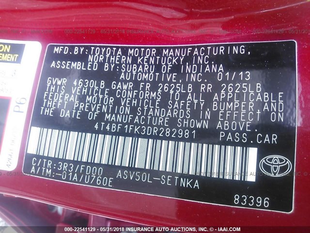 4T4BF1FK3DR282981 - 2013 TOYOTA CAMRY L/SE/LE/XLE RED photo 9