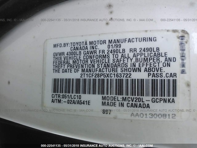 2T1CF28P5XC163722 - 1999 TOYOTA CAMRY SOLARA SE/SLE WHITE photo 9