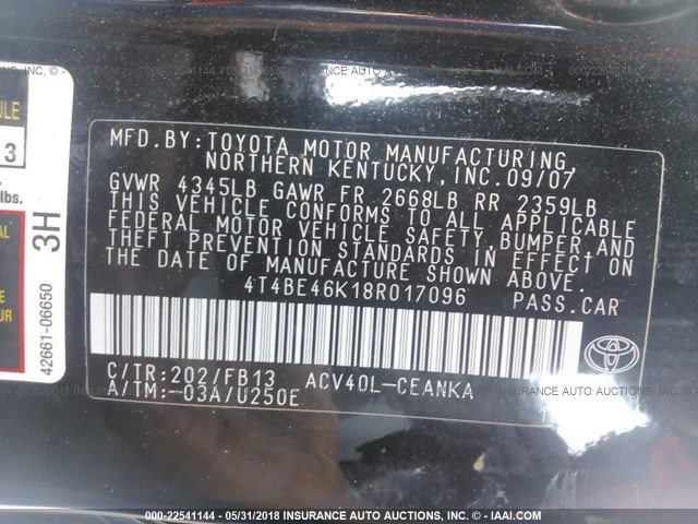 4T4BE46K18R017096 - 2008 TOYOTA CAMRY CE/LE/XLE/SE BLACK photo 9