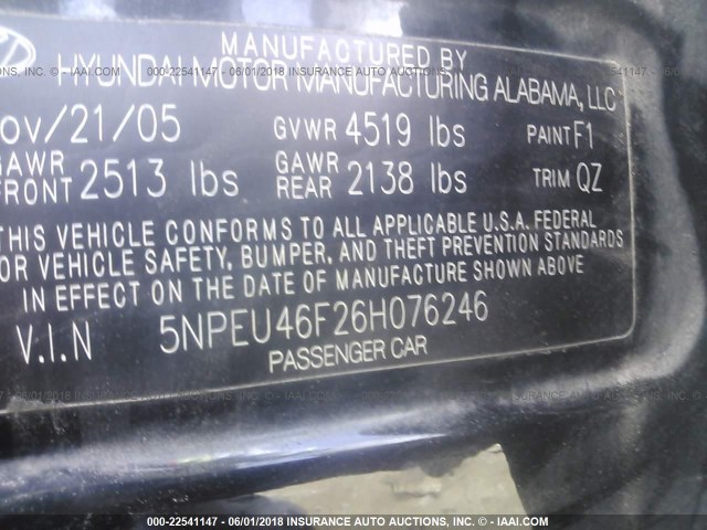 5NPEU46F26H076246 - 2006 HYUNDAI SONATA GLS/LX BLACK photo 9