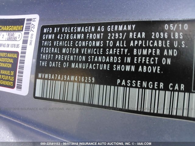 WVWBA7AJ9AW416259 - 2010 VOLKSWAGEN GOLF Light Blue photo 9