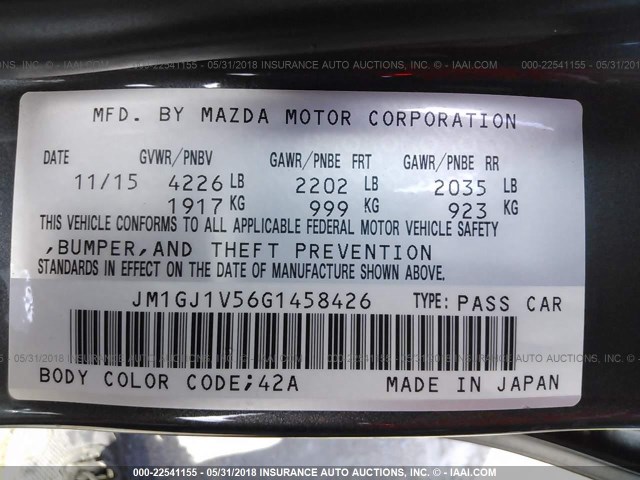 JM1GJ1V56G1458426 - 2016 MAZDA 6 TOURING GRAY photo 9