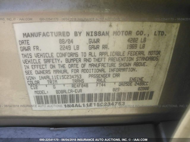 1N4AL11E15C234753 - 2005 NISSAN ALTIMA S/SL Champagne photo 9