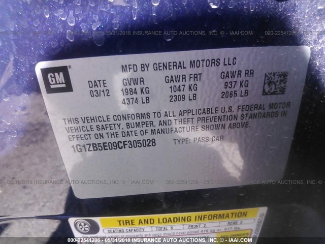 1G1ZB5E09CF305028 - 2012 CHEVROLET MALIBU LS Mavi foto 9