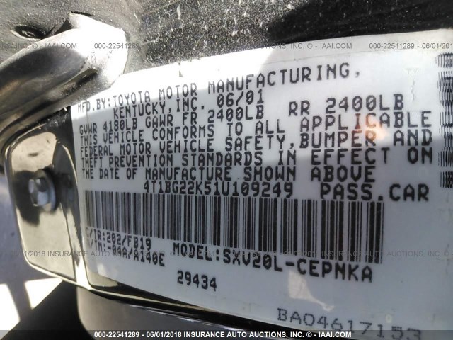 4T1BG22K51U109249 - 2001 TOYOTA CAMRY CE/LE/XLE BLACK photo 9