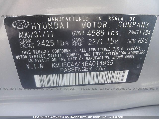 KMHEC4A44BA014935 - 2011 HYUNDAI SONATA HYBRID SILVER photo 9