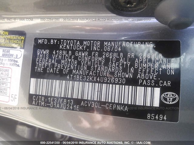 4T1BE32KX4U926930 - 2004 TOYOTA CAMRY LE/XLE/SE ნაცრისფერი ფოტო 9