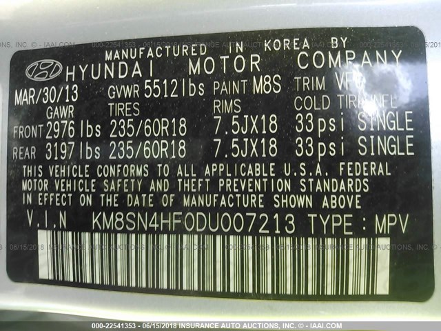 KM8SN4HF0DU007213 - 2013 HYUNDAI SANTA FE GLS SILVER photo 9