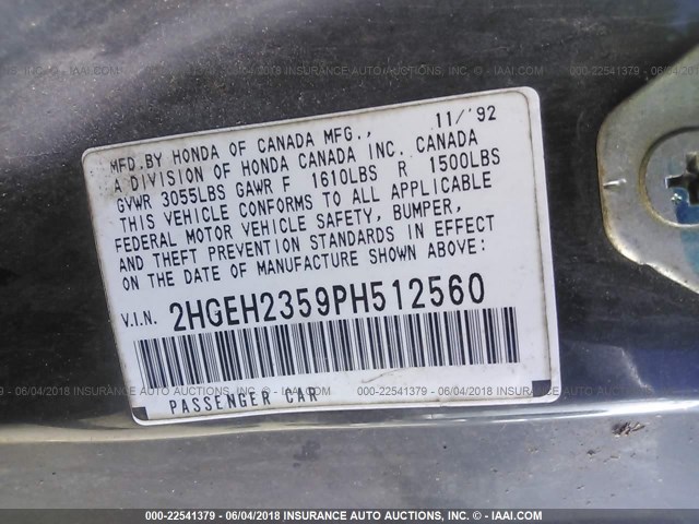 2HGEH2359PH512560 - 1993 HONDA CIVIC CX BLACK photo 9