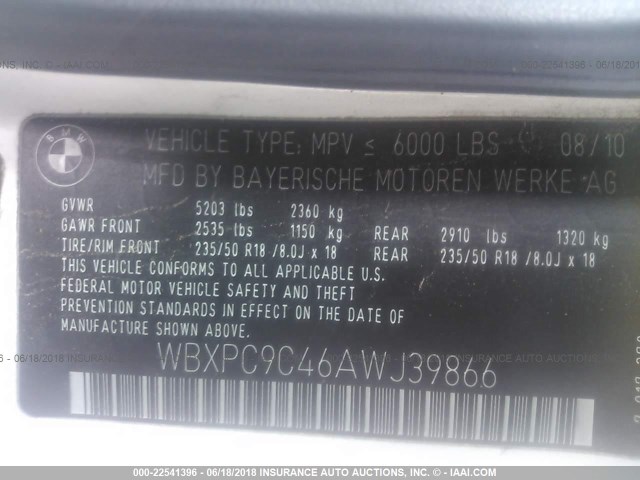 WBXPC9C46AWJ39866 - 2010 BMW X3 XDRIVE30I WHITE photo 9