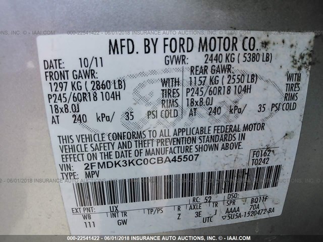 2FMDK3KC0CBA45507 - 2012 FORD EDGE LIMITED SILVER photo 9