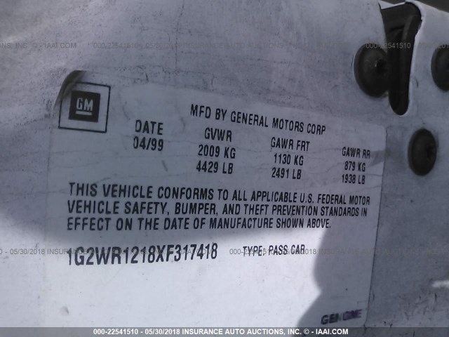 1G2WR1218XF317418 - 1999 PONTIAC GRAND PRIX GTP WHITE photo 9