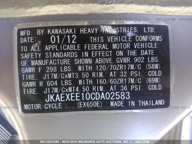 JKAEXEE10CDA02583 - 2012 KAWASAKI EX650 EC BLACK photo 10