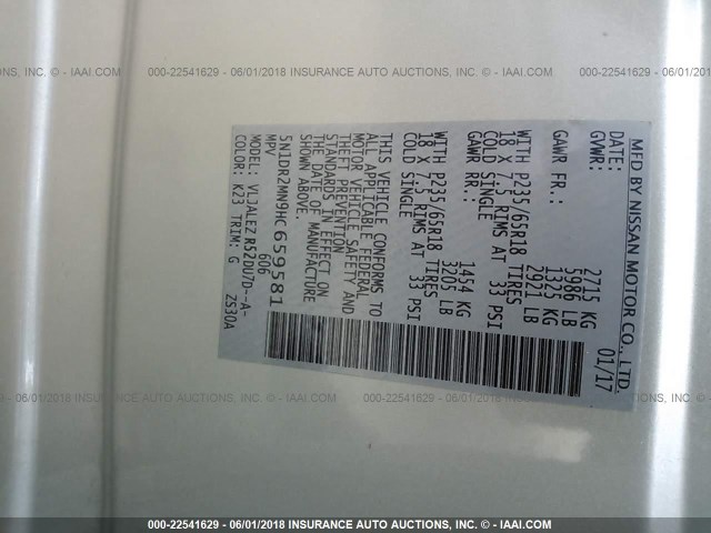 5N1DR2MN9HC659581 - 2017 NISSAN PATHFINDER S/SV/SL/PLATINUM 银色 照片 9