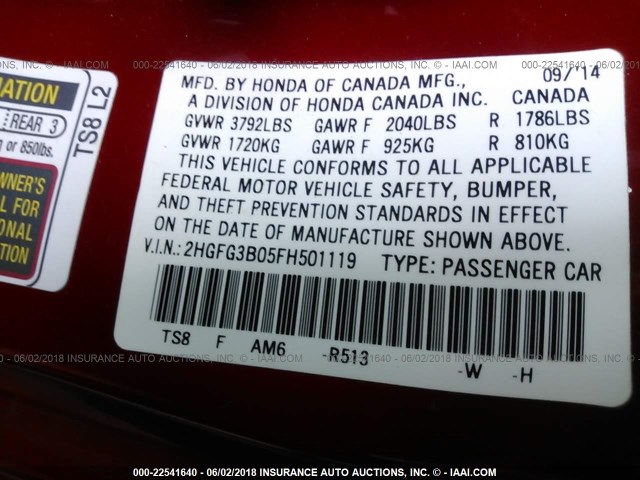 2HGFG3B05FH501119 - 2015 HONDA CIVIC EXL RED photo 9