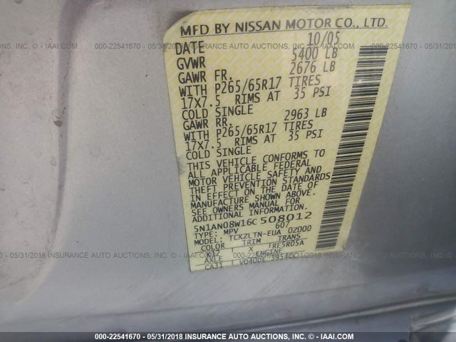 5N1AN08W16C508012 - 2006 NISSAN XTERRA OFF ROAD/S/SE SILVER photo 9