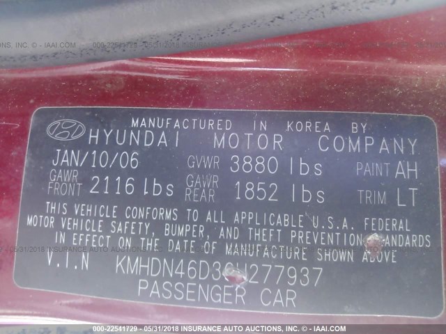 KMHDN46D36U277937 - 2006 HYUNDAI ELANTRA GLS/GT/LIMITED MAROON photo 9