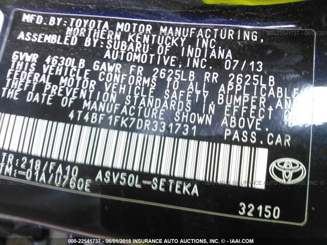 4T4BF1FK7DR331731 - 2013 TOYOTA CAMRY L/SE/LE/XLE Qara foto 9