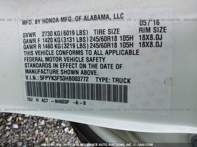 5FPYK3F53HB003772 - 2017 HONDA RIDGELINE RTL WHITE photo 9