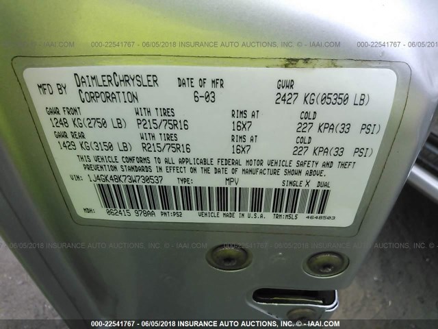 1J4GK48K73W730537 - 2003 JEEP LIBERTY SPORT/FREEDOM ვერცხლისფერი ფოტო 9