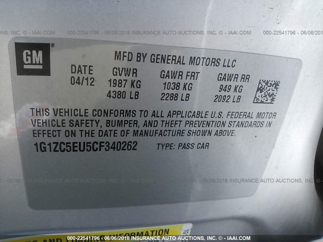 1G1ZC5EU5CF340262 - 2012 CHEVROLET MALIBU 1LT 银色 照片 9