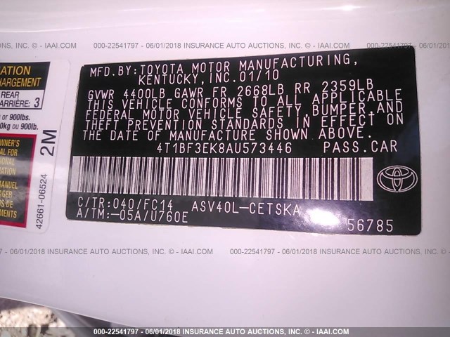 4T1BF3EK8AU573446 - 2010 TOYOTA CAMRY SE/LE/XLE WHITE photo 9