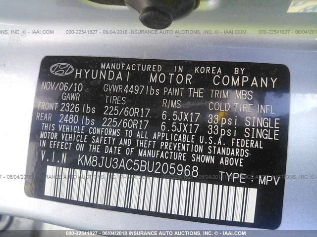 KM8JU3AC5BU205968 - 2011 HYUNDAI TUCSON GLS/LIMITED Light Blue photo 9