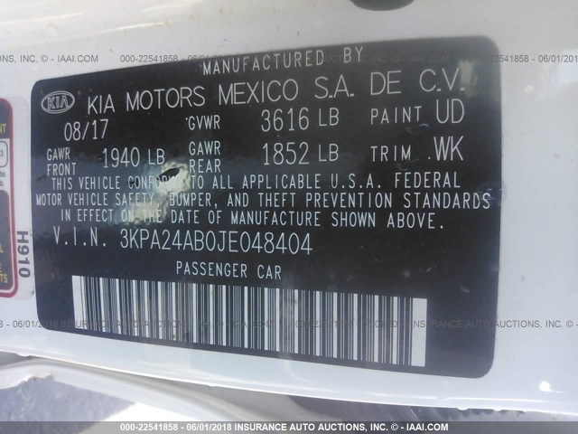 3KPA24AB0JE048404 - 2018 KIA RIO LX/S WHITE photo 9