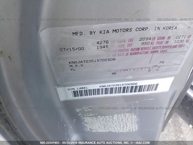 KNDJA723515700506 - 2001 KIA SPORTAGE SILVER photo 9