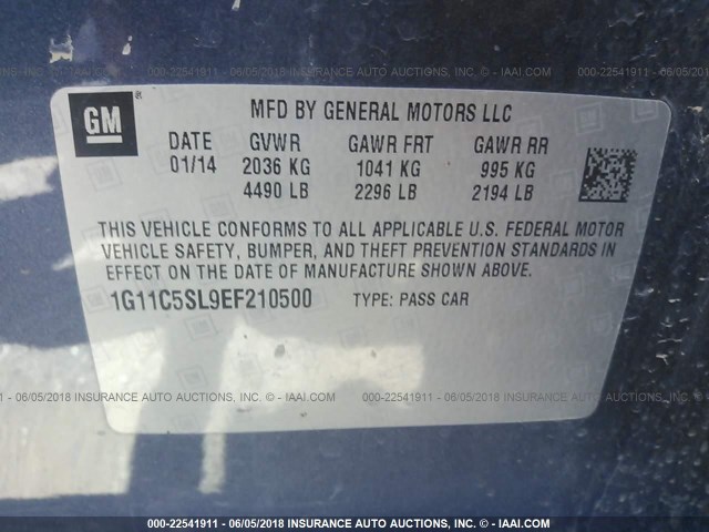 1G11C5SL9EF210500 - 2014 CHEVROLET MALIBU 1LT ლურჯი ფოტო 9