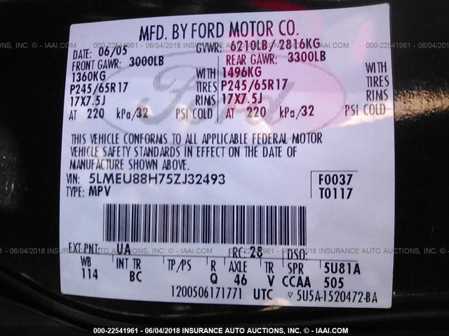 5LMEU88H75ZJ32493 - 2005 LINCOLN AVIATOR 黑色 照片 9