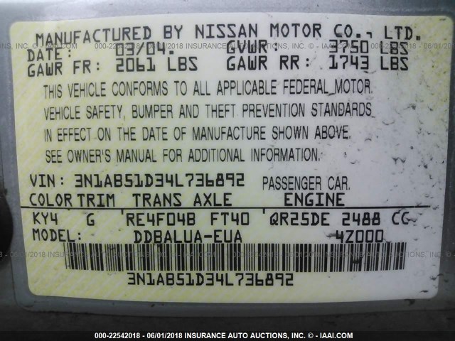 3N1AB51D34L736892 - 2004 NISSAN SENTRA SE-R SPEC V SILVER photo 9