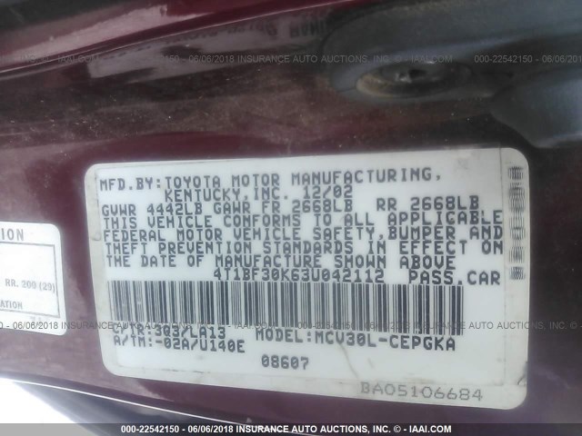 4T1BF30K63U042112 - 2003 TOYOTA CAMRY LE/XLE/SE მუქწითელი ფოტო 9