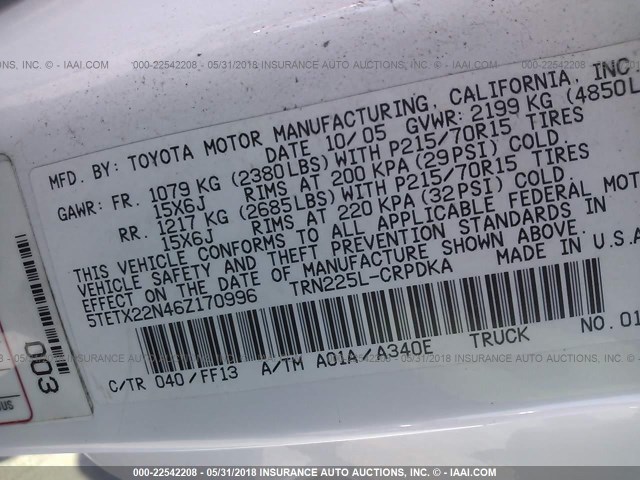 5TETX22N46Z170996 - 2006 TOYOTA TACOMA ACCESS CAB Weiß Foto 9