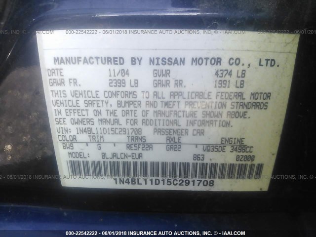 1N4BL11D15C291708 - 2005 NISSAN ALTIMA SE/SL/SE-R BLUE photo 9