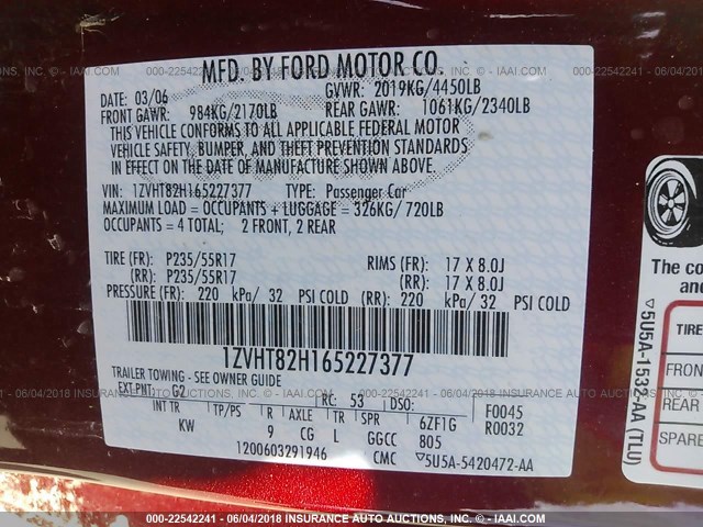 1ZVHT82H165227377 - 2006 FORD MUSTANG GT RED photo 9