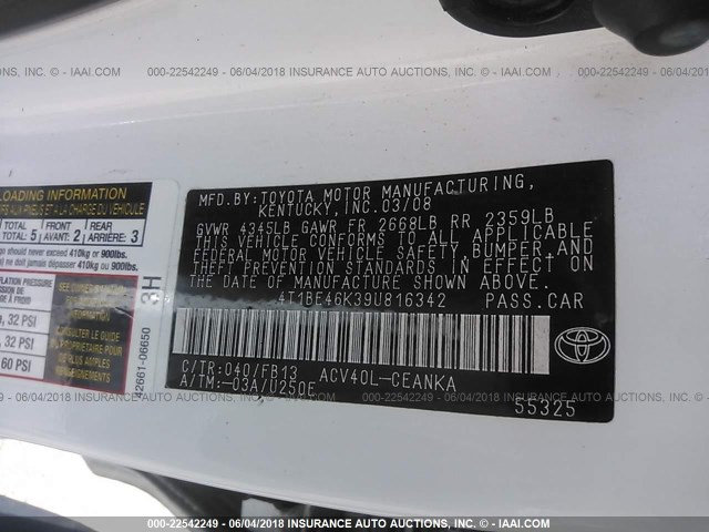 4T1BE46K39U816342 - 2009 TOYOTA CAMRY SE/LE/XLE 白色 照片 9