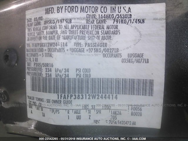 1FAFP38312W244414 - 2002 FORD FOCUS ZTS GRAY photo 9