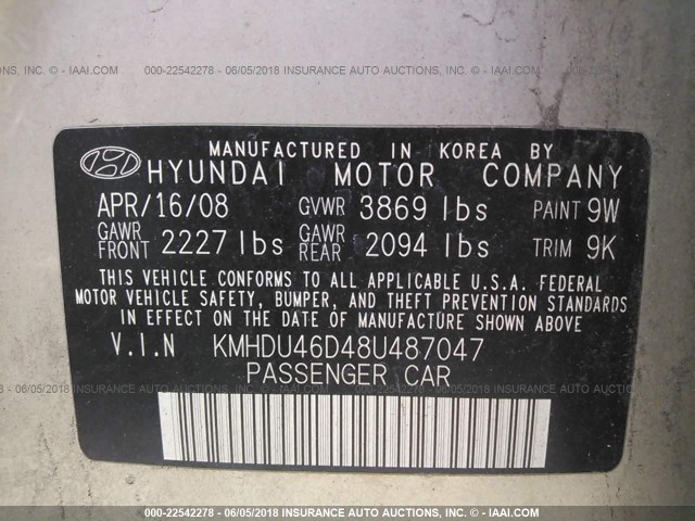 KMHDU46D48U487047 - 2008 HYUNDAI ELANTRA GLS/SE/LIMITED GOLD photo 9