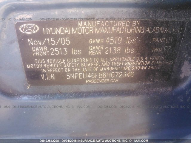 5NPEU46F86H072346 - 2006 HYUNDAI SONATA GLS/LX BLUE photo 9