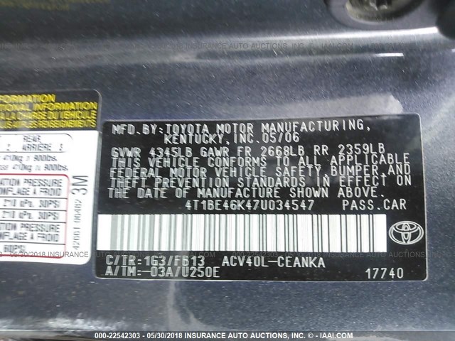 4T1BE46K47U034547 - 2007 TOYOTA CAMRY NEW GENERAT CE/LE/XLE/SE GRAY photo 9