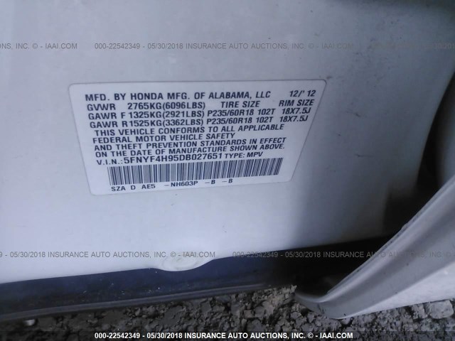 5FNYF4H95DB027651 - 2013 HONDA PILOT TOURING WHITE photo 9