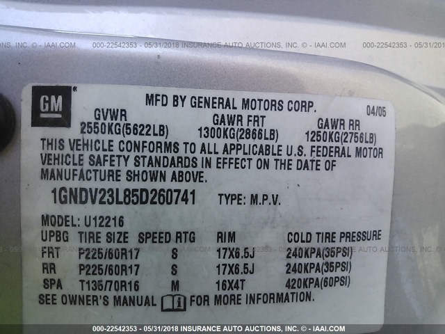 1GNDV23L85D260741 - 2005 CHEVROLET UPLANDER LS 银色 照片 9