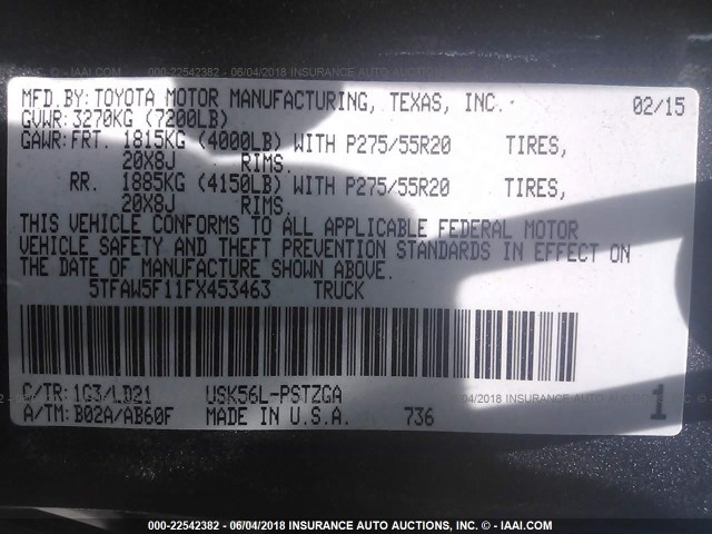 5TFAW5F11FX453463 - 2015 TOYOTA TUNDRA CREWMAX 1794/PLATINUM 灰色 照片 9