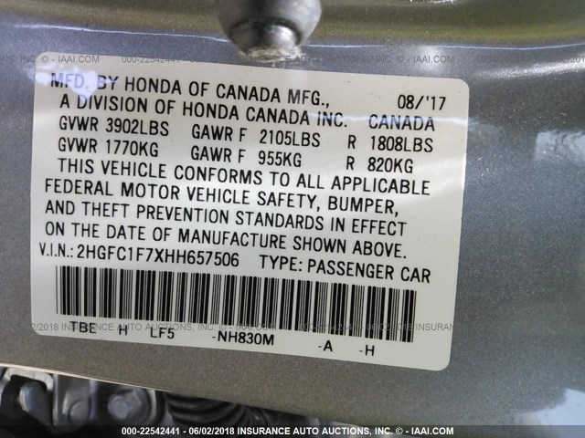 2HGFC1F7XHH657506 - 2017 HONDA CIVIC EXL 银色 照片 9