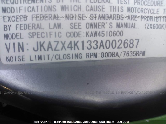 JKAZX4K133A002687 - 2003 KAWASAKI ZX600 K1 GREEN photo 10